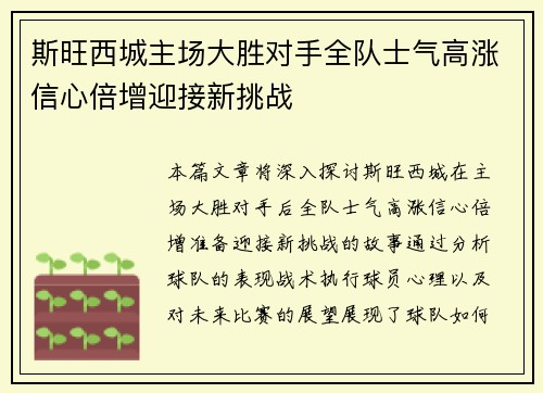 斯旺西城主场大胜对手全队士气高涨信心倍增迎接新挑战